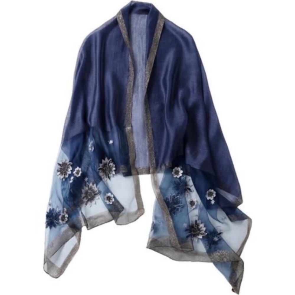Silk Wool Fashion Scarf Shawl Wrap Lightweight Navy Blue